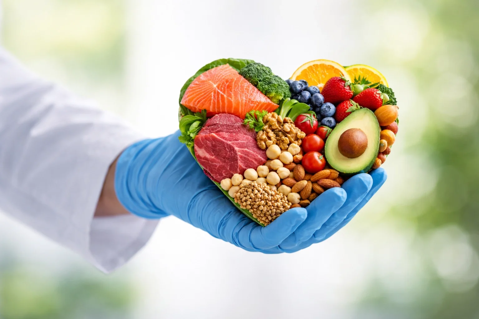 Nutrizionista con cuore di alimenti sani